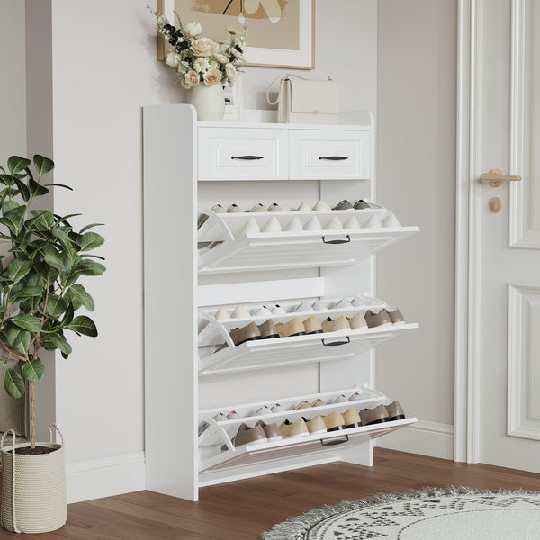 English Elm 1250 White Shoe Cabinet With 3 Drop-Down Doors & 2 Drawers – Stylish, Space-Saving Storage Solution! W1320P236450