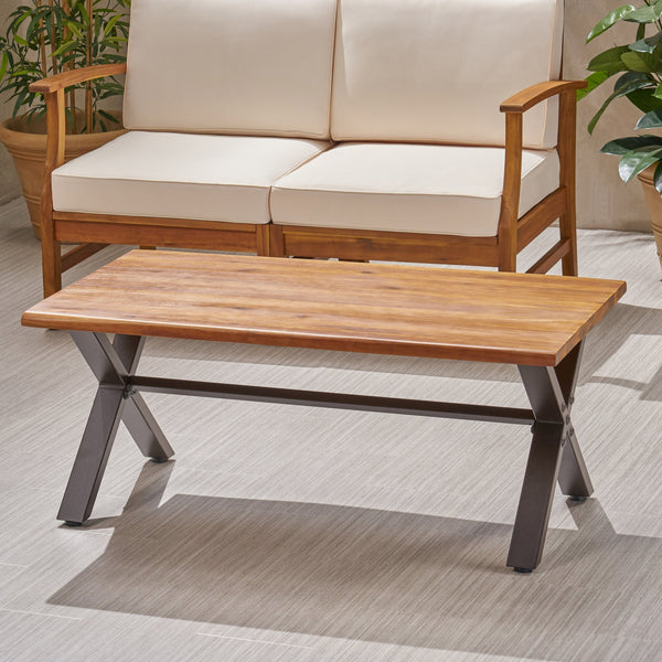 English Elm Christopher Knight Home® - Outdoor Acacia Wood Coffee Table with Teak Finish & Rustic Metal Frame, Handcrafted Patio Accent Table 62347.00