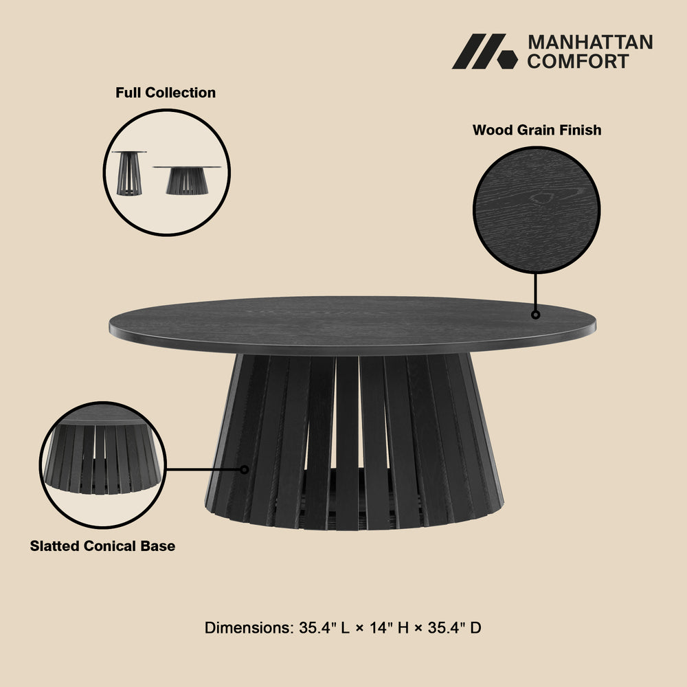 English Elm Layla Round Coffee Table with Slatted Conical Base, Wood Grain Finish, 35.4" Top for Stylish Living Room Decor Black B365P398087