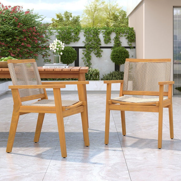 English Elm Outdoor Acacia Wood Dining Chairs with Woven Rope Seats for Patio or Terrace Set 2 N779P355695B