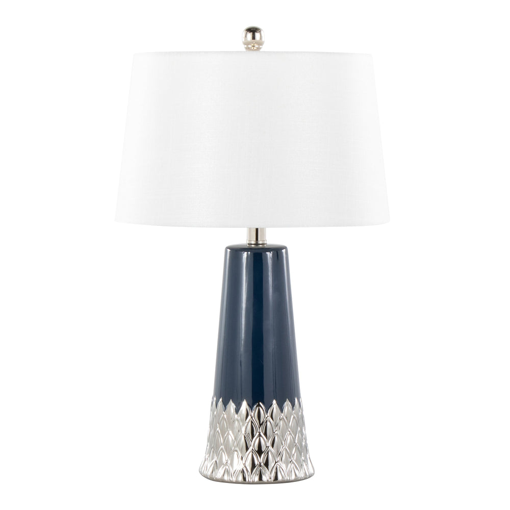 English Elm Penelope 22" Ceramic Table Lamp in Dark Blue with Silver Accent, Woven White Shade, LED Included B202P224198