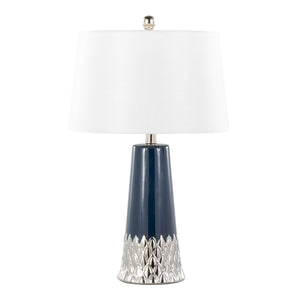 English Elm Penelope 22" Ceramic Table Lamp in Dark Blue with Silver Accent, Woven White Shade, LED Included B202P224198