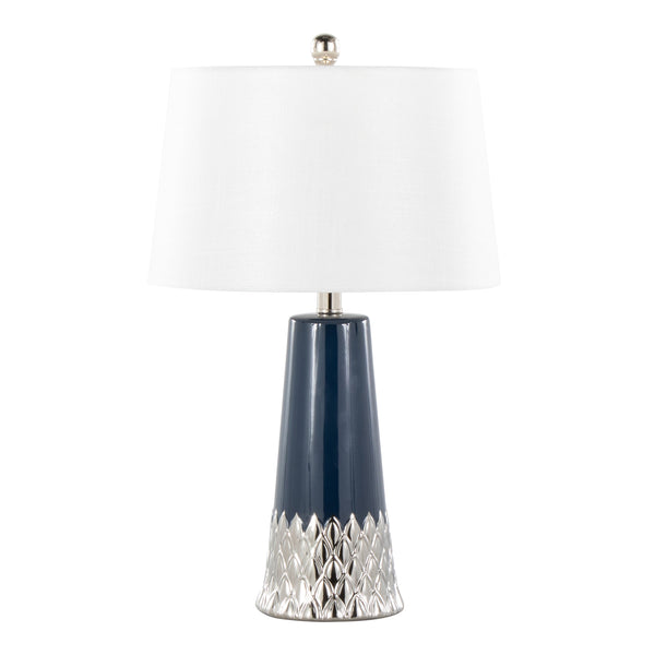 English Elm Penelope 22" Ceramic Table Lamp in Dark Blue with Silver Accent, Woven White Shade, LED Included B202P224198