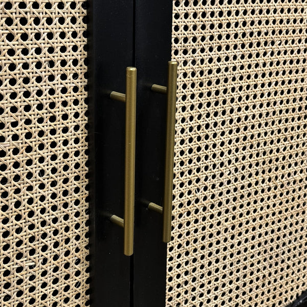 Crestview Collection Transitional Cabinet With Rattan Panels & Gold Accents - Stylish Storage For Modern Living Rooms Black Solid Wood Cvfdr1176