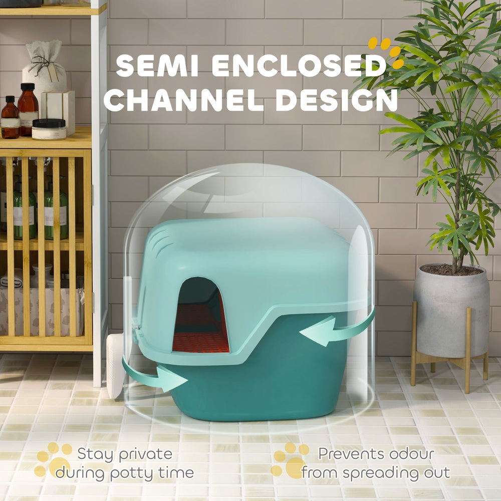 English Elm PawHut Semi-Enclosed Cat Litter Box with Lockable Flip Top, Scoop Included, Low-Track Design Green W2225P249721