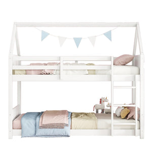 English Elm Twin Over Twin House Bunk Bed With Guardrails, Ladder & Cozy Floor Bed - White Rubberwood Design W504P227938-GIGA