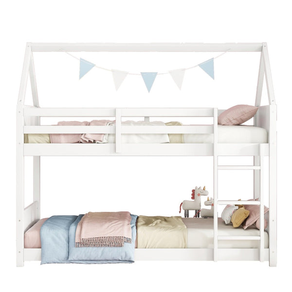 English Elm Twin Over Twin House Bunk Bed With Guardrails, Ladder & Cozy Floor Bed - White Rubberwood Design W504P227938-GIGA