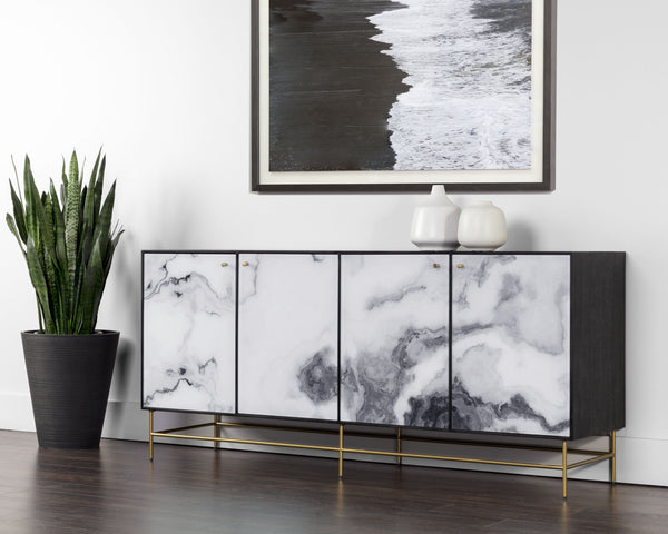 Sunpan Cordero Sideboard: Modern Acacia Wood Beauty with Marble Design, Antique Brass Legs & 4 Cabinets
