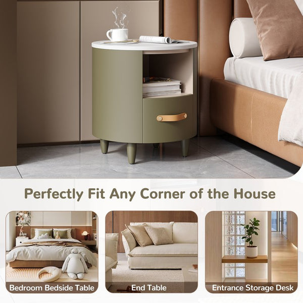 English Elm Christopher Knight Home® - Contemporary Round Nightstand with Drawer & Open Shelf, Curved Bedside Table with Leather Handles Green 22 L x 22 W x 19.75 H N761P285708F