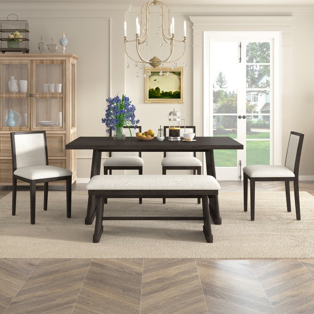 English Elm Trexm Six Piece Farmhouse Dining Set Wire Brushed Oak Veneer Table Linen Chairs Bench Espresso ST000155AAP