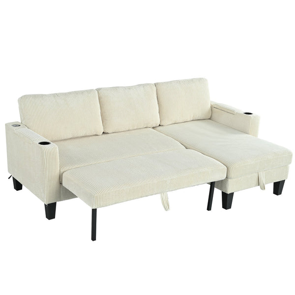 English Elm Reversible Sectional Sofa with Storage Chaise, USB Ports, Cup Holders, Corduroy Sleeper Sofa for Home Comfort Beige W680S00033