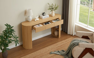 English Elm [video] Retro Fluted Console Table with 3 Drawers Open Niche Mid-century Entryway Natural N759P283616N