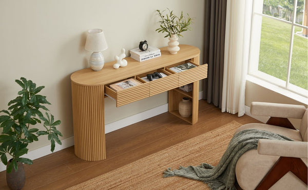 English Elm [video] Retro Fluted Console Table with 3 Drawers Open Niche Mid-century Entryway Natural N759P283616N