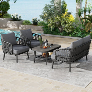 English Elm Christopher Knight Home® - 4-Piece Outdoor Patio Set with Woven Rope U-Back, Steel Frame, Thick Cushions & Acacia Table for Garden Black+Grey N780P209458G