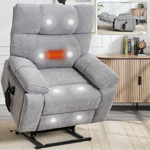 English Elm Beige Chenille Power Lift Recliner Dual Motor Massage Heat 350 Lb Capacity Gray W1803P264031