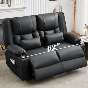 English Elm Recliner Loveseat with Massage Heat Pu Leather Dual Seating and Usb Charging Ports Black W1521S00082