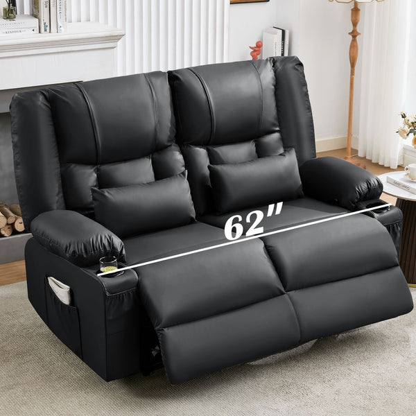 English Elm Recliner Loveseat with Massage Heat Pu Leather Dual Seating and Usb Charging Ports Black W1521S00082