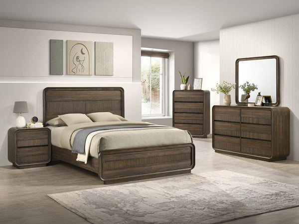 English Elm Mid-century Five Drawer Chest with Fluted Fronts and Dark Wood Grain Bedroom Storage B2741P457653