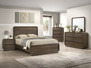 English Elm Mid-century Fluted Two Drawer Nightstand Warm Wood Grain Finish Sculptural Bedroom B2741P457652