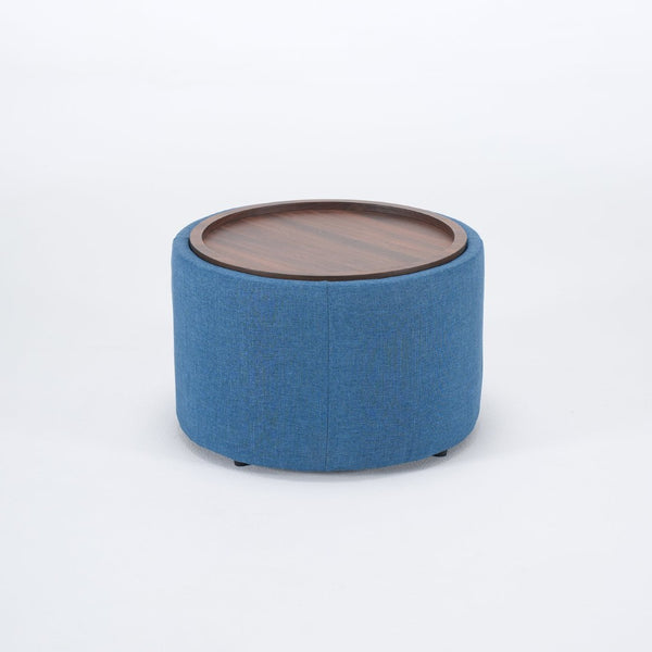 English Elm Ball Cast Round Nesting Ottoman Set Linen Upholstered Hidden Storage with Wooden Tray Blue W3163P379374