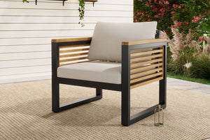 English Elm Outdoor Acacia Wood Armrest Iron Frame High Back Patio Chair with Cushions N757P238856B