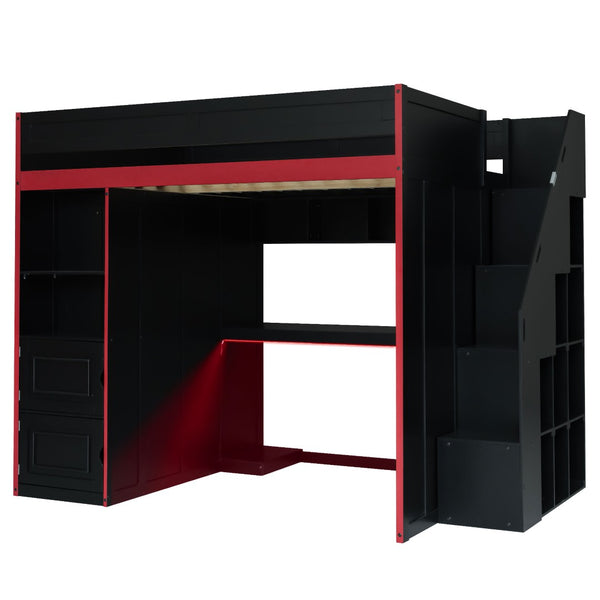 English Elm Gaming Full Loft Bed with Built-in Desk Led Lights and Storage for Teen Rooms N709P004103J