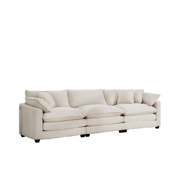 English Elm Mid-Century Modern 3-Seater Sectional Sofa With Plush Light Beige Corduroy And Stylish Pillows W714S00775