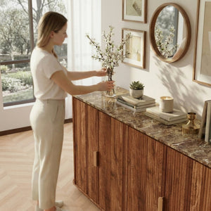 English Elm 60'' Fluted Oak Credenza with Faux Marble Top and Gold Trim Four Door Buffet Walnut W5216P454713