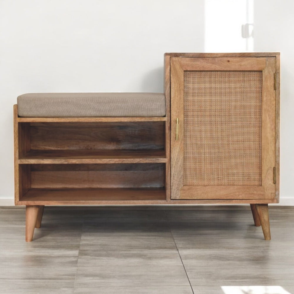 English Elm Larissa Oak-ish 2-Slot Bench Unit with Cushioned Seat, Woven Cane Door & Nordic Legs, 45.3"L B182P291657