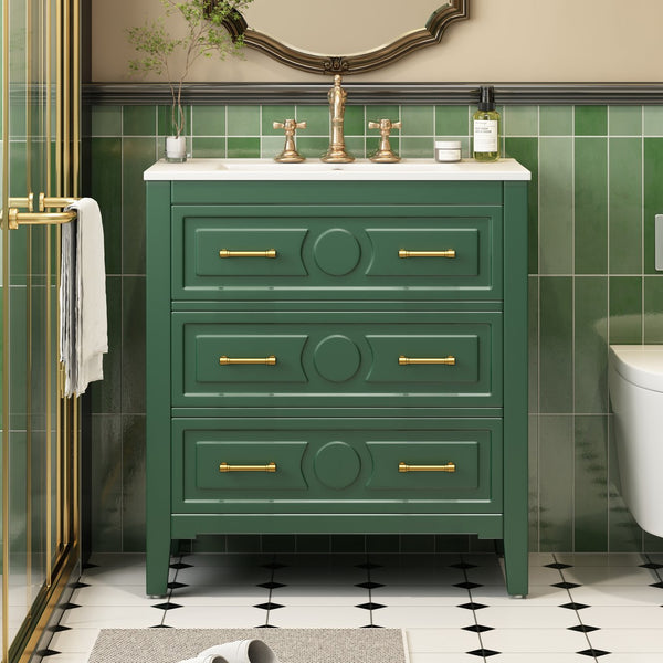 English Elm 30'' Bathroom Vanity with Ceramic Sink, Solid Wood Frame Retro Style Vanity with 3 Drawers & Gold Handles Green N710P246209F