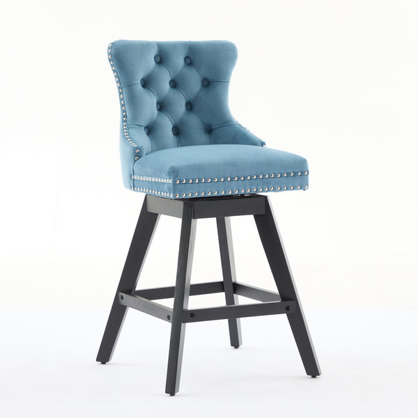 English Elm Swivel Velvet Barstools with Tufted Back Support, 360° Rotation, Foam & Spring Cushion, Sturdy Wooden Frame Light Blue W1143P369089