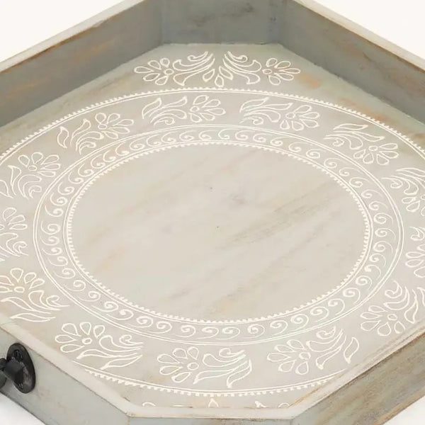 English Elm Wooden Mango Wood & Resin Serving Tray Set of Two — 15x10 Elegant Enamel Finish Appetizer Platter Antique White+Gray B346P392356