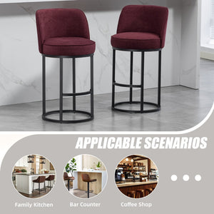 English Elm Counter Height Barstools Set of 2 Linen Upholstered Barrel Seat with Iron Legs Wine Red W395P410434