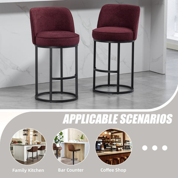 English Elm Counter Height Barstools Set of 2 Linen Upholstered Barrel Seat with Iron Legs Wine Red W395P410434