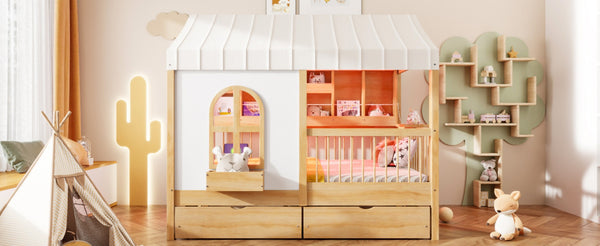 English Elm Full Size Kids House Bed with Led Bookshelf Storage Drawers and Charging Station Natural LP000378AAN