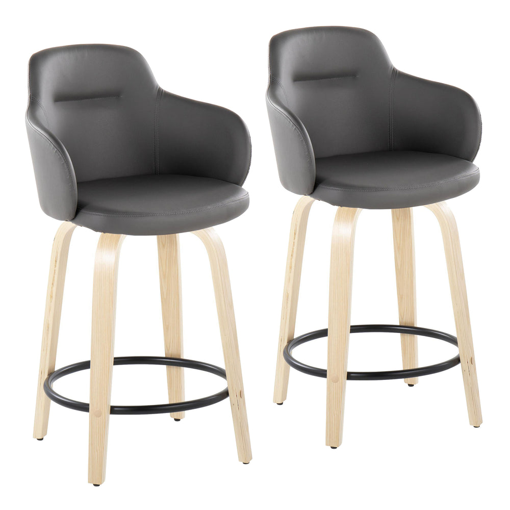 English Elm Boyne 24" Contemporary Fixed-Height Counter Stool with Swivel, Faux Leather Upholstery, Wood Base and Round Footrest - Set of 2 Black B202S00005