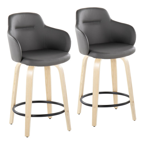 English Elm Boyne 24" Contemporary Fixed-Height Counter Stool with Swivel, Faux Leather Upholstery, Wood Base and Round Footrest - Set of 2 Grey B202S00006