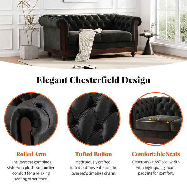 English Elm Christopher Knight Home® - VIVALUX Chesterfield Velvet Loveseat Sofa with Rolled Arms Tufted Buttons Plush 2-Seater Comfort 59.4" Black N762P178705B