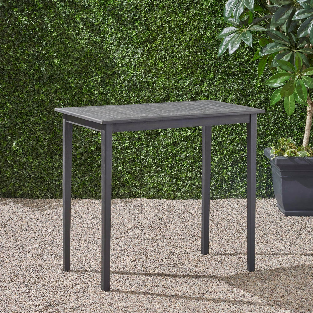 English Elm Christopher Knight Home® - Outdoor Acacia Wood Rectangle Bar Table with Slatted Top and Tapered Legs, Weather-Resistant Design Dark Gray 65094.00DGRY