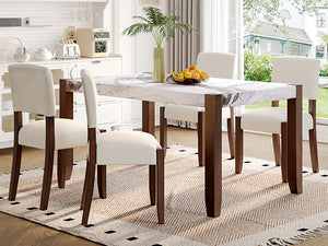 English Elm 5-Piece Counter Height Dining Set with Faux Marble Top and Upholstered Seats, Mid-Century Pub Charm Beige+Brown,White N752S000885K
