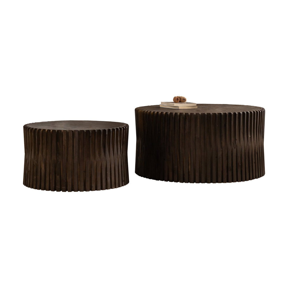 English Elm Vintage Cylindrical Nesting Coffee Table Set, Textured Embossed Wood Accent Tables for Living Room Dark Brown W757P195739