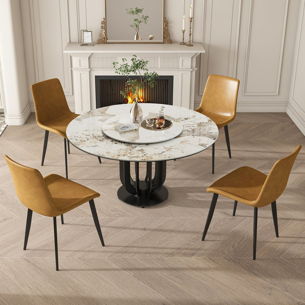 English Elm 53" Round Sintered Stone Dining Table With Lazy Susan & Carbon Steel Base - Modern Kitchen Elegance W2699S00042