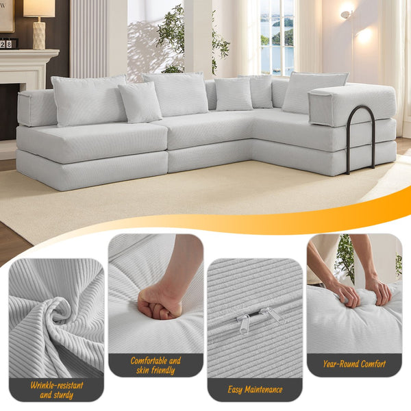 English Elm Oversized Corduroy Modular Sectional Sofa Low Profile Floor Lounge with Six Pillows W1885S00040