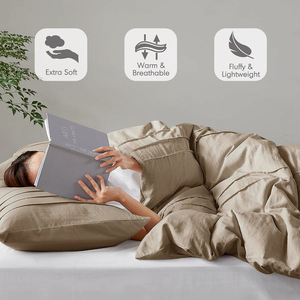 JLA Home Comfort Spaces - Soft Washed Pleated Duvet Cover Set with OEKO-TEX Soft Microfiber, Grid Pinch-Pleat & Button Closure Khaki AM12-0431