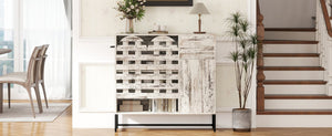 English Elm 44.3"Farmhouse Rustic Sideboard Cabinet with Arched Lattice Doors, Drawer & Open Shelves, White Vintage W2977P338333