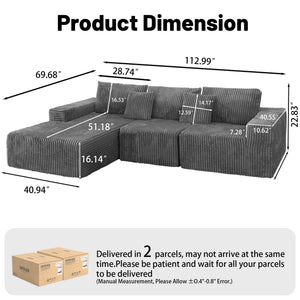 English Elm 112.99"Cloud Long-Pile Corduroy Sectional Sofa with L-Shape Chaise, Modular Deep-Seat Comfort for Living Room Grey W3276S00010
