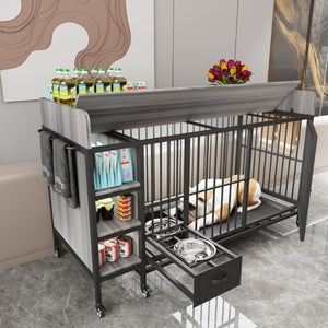 English Elm Large Iron Mdf Pet Enclosure with Storage Cabinet Rolling Casters and Steel Feeding Basins W3064P245385