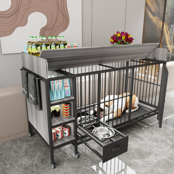 English Elm Large Iron Mdf Pet Enclosure with Storage Cabinet Rolling Casters and Steel Feeding Basins W3064P245385