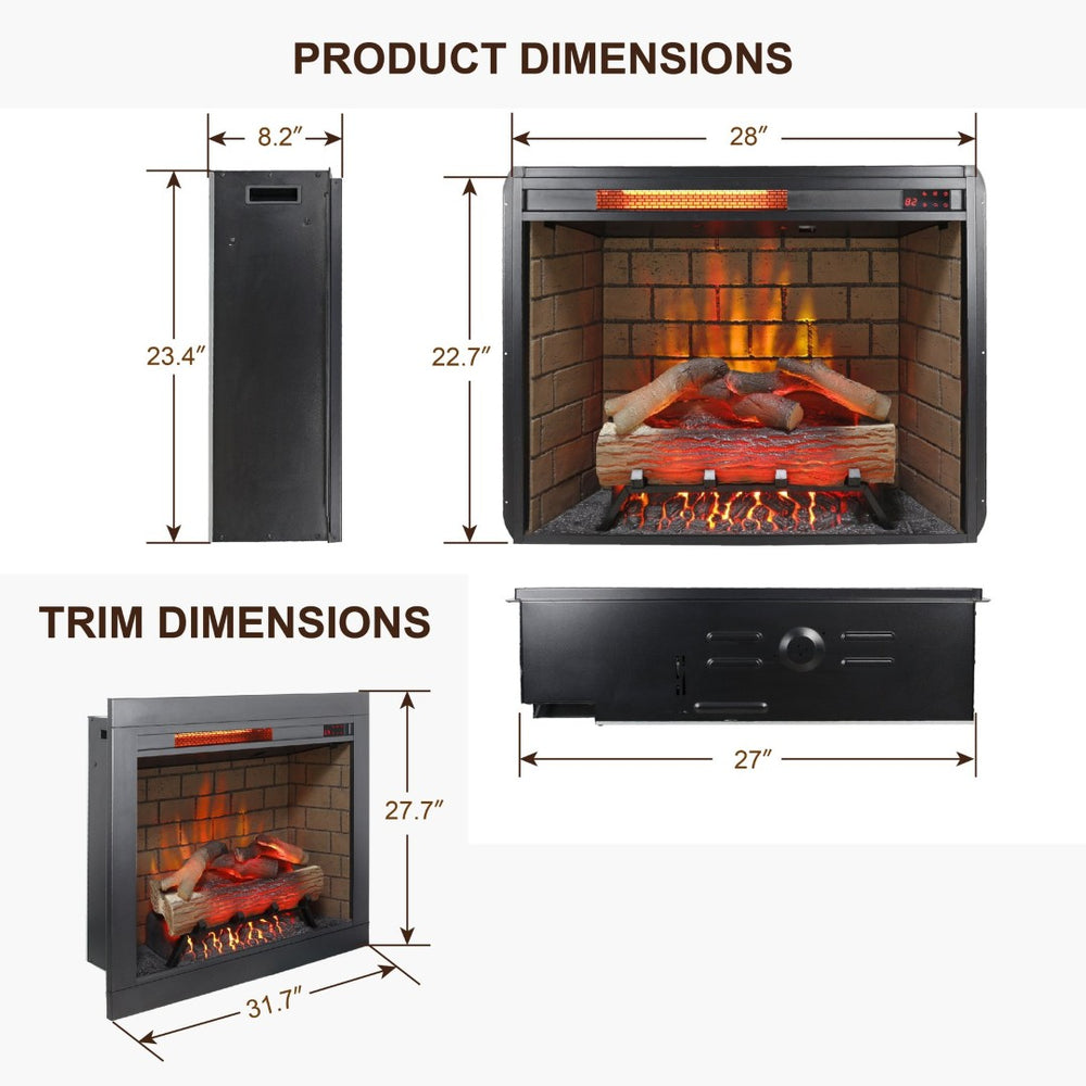English Elm 28 Inch Recessed Infrared Quartz Fireplace Insert with 3d Flames and Crackling Sound W1769P252987