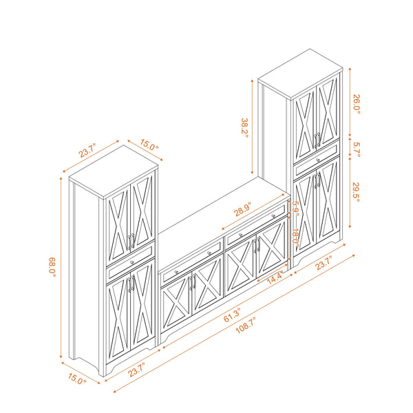 English Elm TV Cabinet Set Modern White Walnut Multifunctional Wall Unit with Console, Sideboards & Storage Features 108.7" W1162S00011